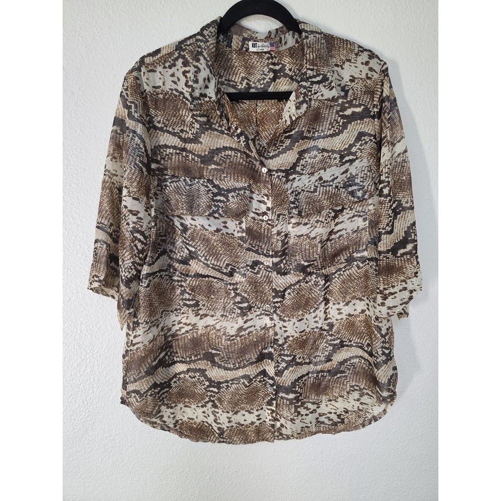 KUT from the Kloth Blouse XL Brown Beige Snakeskin Collared 3/4 Sleeve Top